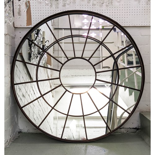 428 - CIRCULAR ARCHITECTURAL WALL MIRROR, bronzed finish frame, 100cm diam.