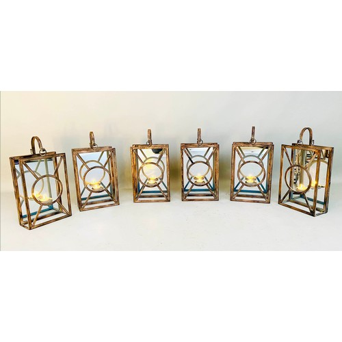 431 - WALL HANGING CANDLE LANTERNS, a set of six, French Art Deco style, mirrored backs, 42cm x 22cm x 11c... 