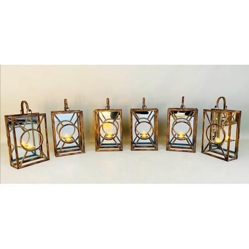 431 - WALL HANGING CANDLE LANTERNS, a set of six, French Art Deco style, mirrored backs, 42cm x 22cm x 11c... 