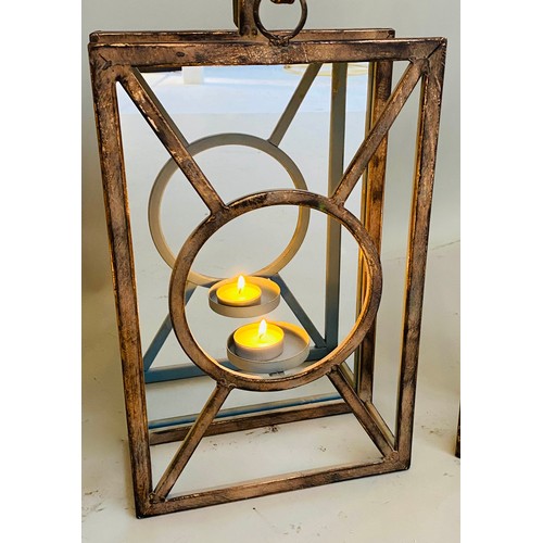 431 - WALL HANGING CANDLE LANTERNS, a set of six, French Art Deco style, mirrored backs, 42cm x 22cm x 11c... 