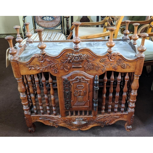 129 - A FRENCH WALNUT PANETIERE, probably 19th century carved frieze spindle gallery front and sides, sing... 