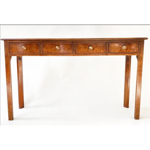 198 - HALL TABLE, George III design burr walnut and crossbanded with four short drawers, 126cm x 76cm H x ... 