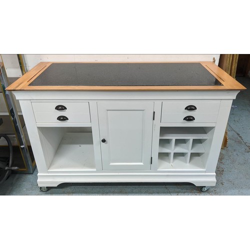 387 - KITCHEN ISLAND, 148cm x 62cm x 98cm H, on castors, granite top, white painted.