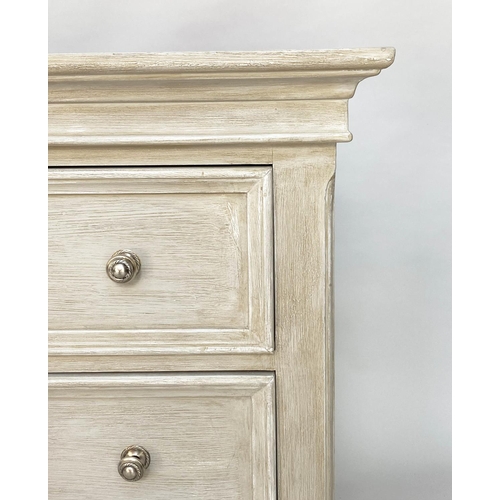 95 - LOW CHEST, Continental style traditionally grey painted with six short drawers and silvered handles,... 