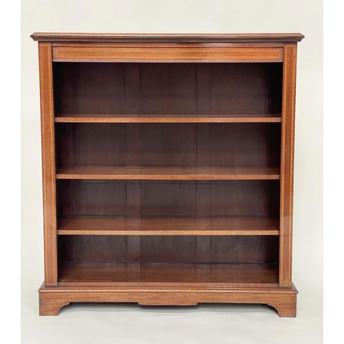 145 - OPEN BOOKCASE, Edwardian mahogany and satinwood crossbanded with two adjustable shelves, 99cm x 107c... 