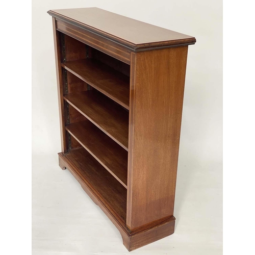 145 - OPEN BOOKCASE, Edwardian mahogany and satinwood crossbanded with two adjustable shelves, 99cm x 107c... 