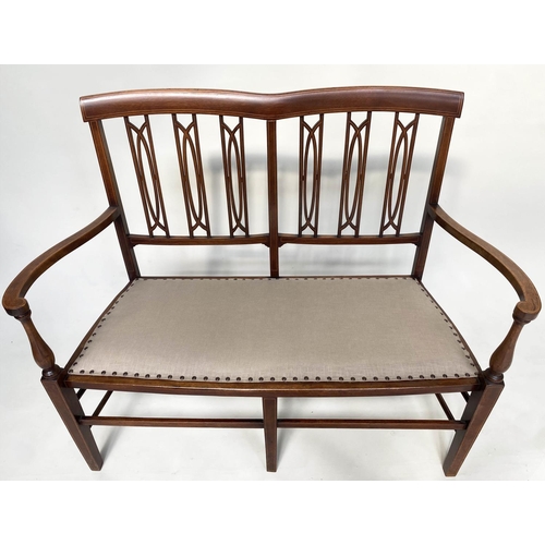 146 - HALL SEAT, early 20th century Edwardian mahogany and line inlaid with pierced splat back and studded... 