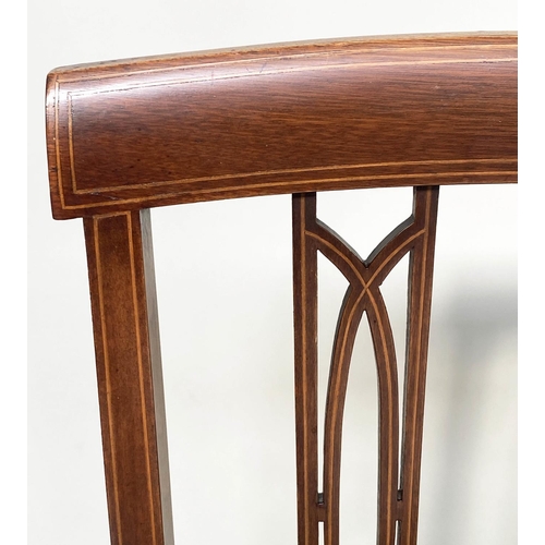 146 - HALL SEAT, early 20th century Edwardian mahogany and line inlaid with pierced splat back and studded... 