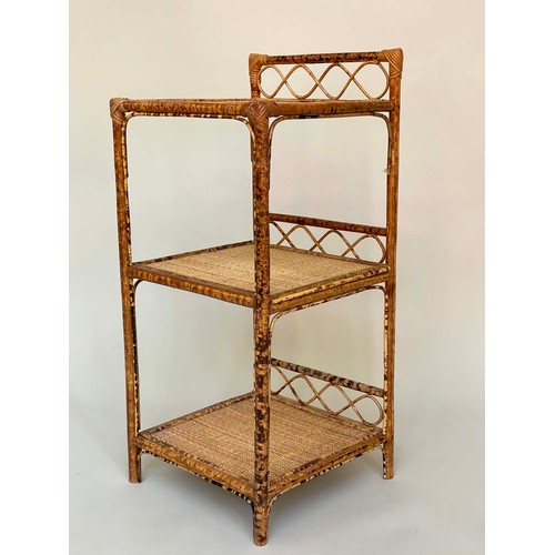 156 - BAMBOO LAMP TABLES, a pair, 1970's bamboo framed and cane panelled with three tiers and upstand, 80c... 