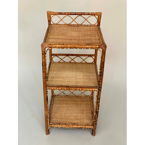 156 - BAMBOO LAMP TABLES, a pair, 1970's bamboo framed and cane panelled with three tiers and upstand, 80c... 