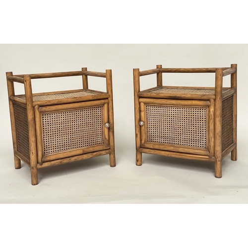 157 - LAMP TABLES, a pair, bamboo framed, wicker panelled and cane bound each with door and gallery, 33cm ... 