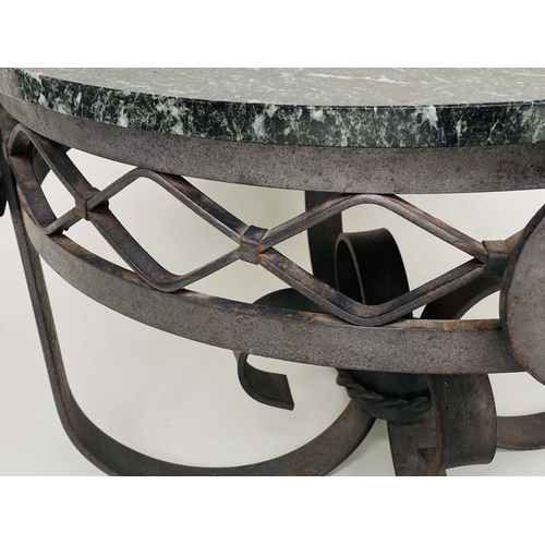 212 - OCCASIONAL TABLE, Art Deco circular verde antico marble on scroll, lattice and ringlet wrought iron ... 