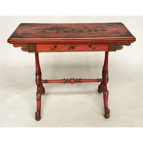 211 - CARD TABLE, 19th century scarlet Japanned and gilt Chinoiserie decorated with foldover baize lined t... 