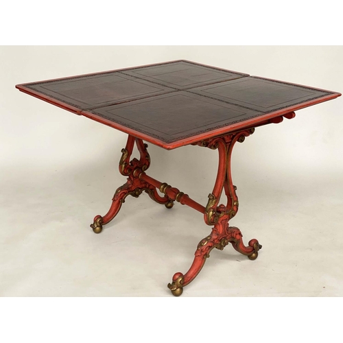 211 - CARD TABLE, 19th century scarlet Japanned and gilt Chinoiserie decorated with foldover baize lined t... 