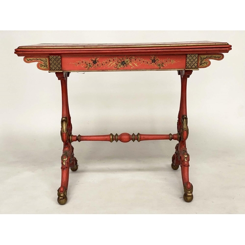 211 - CARD TABLE, 19th century scarlet Japanned and gilt Chinoiserie decorated with foldover baize lined t... 