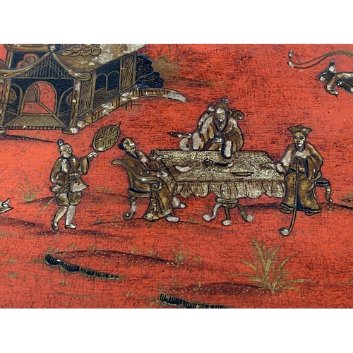 211 - CARD TABLE, 19th century scarlet Japanned and gilt Chinoiserie decorated with foldover baize lined t... 