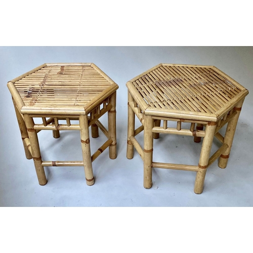 212 - OCCASIONAL TABLES, a pair, hexagonal bamboo and split cane, 48cm x 42cm H. (2)