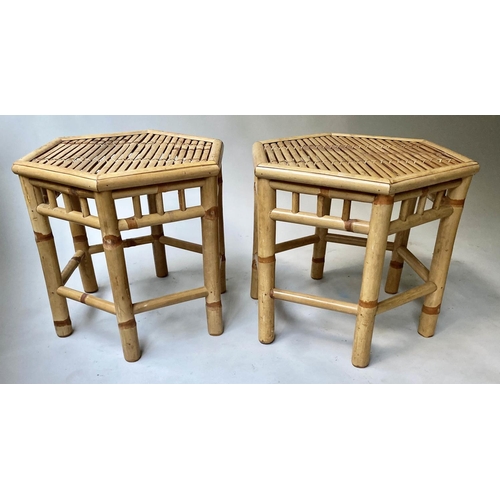 212 - OCCASIONAL TABLES, a pair, hexagonal bamboo and split cane, 48cm x 42cm H. (2)
