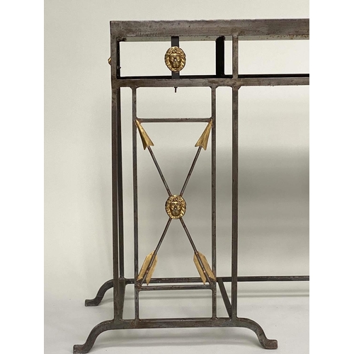 480 - CONSOLE TABLE, Regency style wrought iron with inset Carrara marble and lion mask and cross arrow gi... 