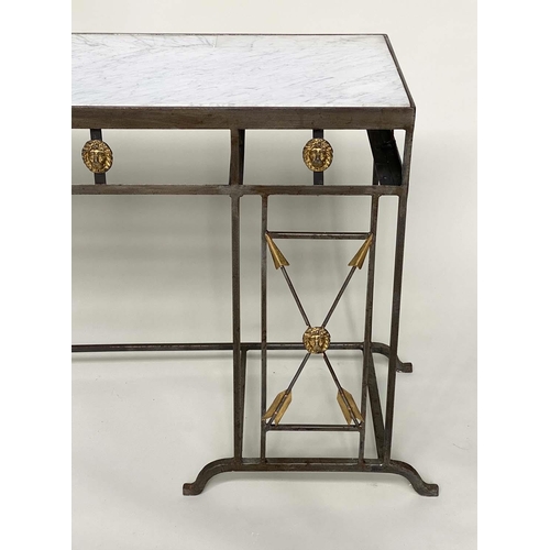 480 - CONSOLE TABLE, Regency style wrought iron with inset Carrara marble and lion mask and cross arrow gi... 