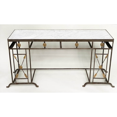 480 - CONSOLE TABLE, Regency style wrought iron with inset Carrara marble and lion mask and cross arrow gi... 