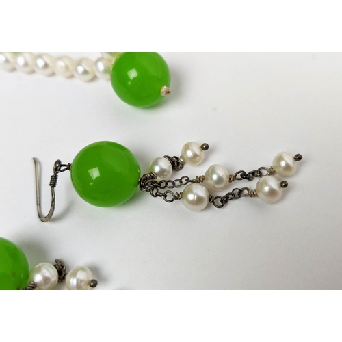16 - TWO FRESHWATER PEARL AND DYED SIMULATED JADE NECKLACE, BRACELET AND EARRING SETS, the green jade set... 