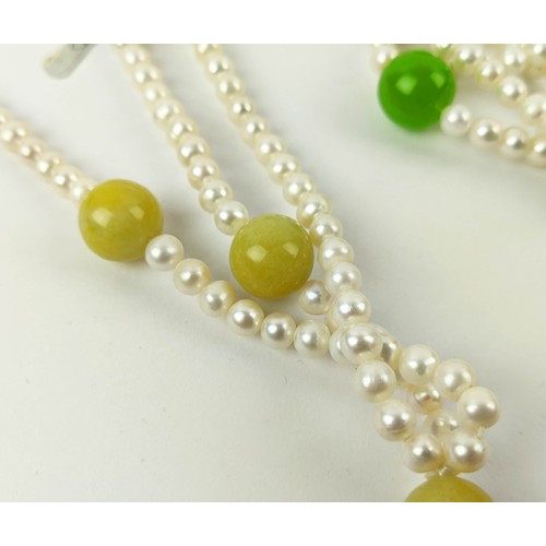 16 - TWO FRESHWATER PEARL AND DYED SIMULATED JADE NECKLACE, BRACELET AND EARRING SETS, the green jade set... 