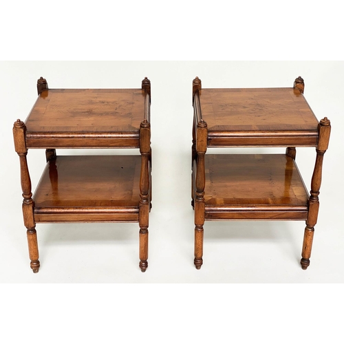 101 - OCCASIONAL TABLES, a pair, George III design yewwood, each crossbanded with two tiers and turned sup... 