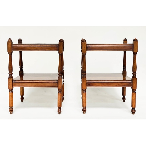 101 - OCCASIONAL TABLES, a pair, George III design yewwood, each crossbanded with two tiers and turned sup... 