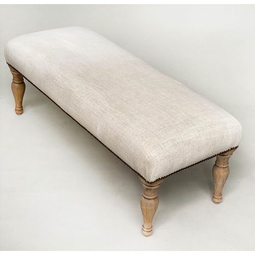 106 - WINDOW SEAT, rectangular brass studded linen upholstered with turned supports, 108cm W x 40cm H x 44... 