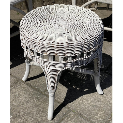 116 - CONSERVATORY ARMCHAIRS, a pair, painted rattan, wicker and cane bound with rounded trellis backs tog... 