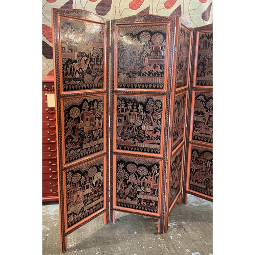 126 - SCREEN, five fold, Chinese scarlet lacquered and gilt decorated, 183cm H x 225cm.