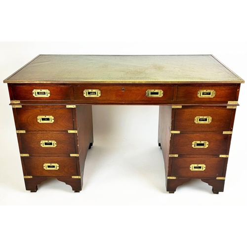 143 - PEDESTAL DESK, Campaign style mahogany with brass mounts and nine drawers, 75cm H x 122cm x 54cm.