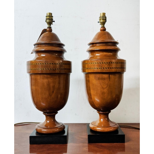 144 - URN TABLE LAMPS, a pair, turned wood and string inlaid on square black bases, 53cm H x 19cm. (2)