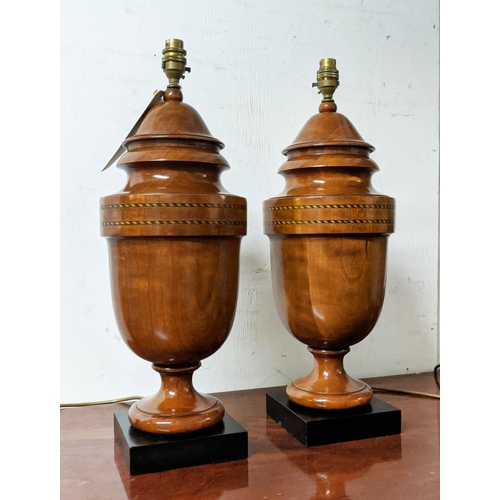 144 - URN TABLE LAMPS, a pair, turned wood and string inlaid on square black bases, 53cm H x 19cm. (2)