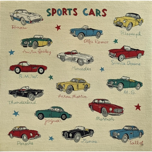 42 - PAUL SMITH FOR RUG COMPANY SPORTS CARS TAPESTRY ON STRETCHER, 105cm x 107cm.
