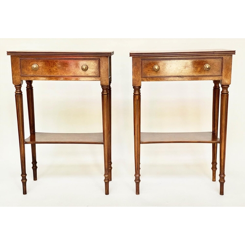 85 - LAMP TABLES, a pair, George III design burr walnut and crossbanded each with drawer and undertier, 5... 