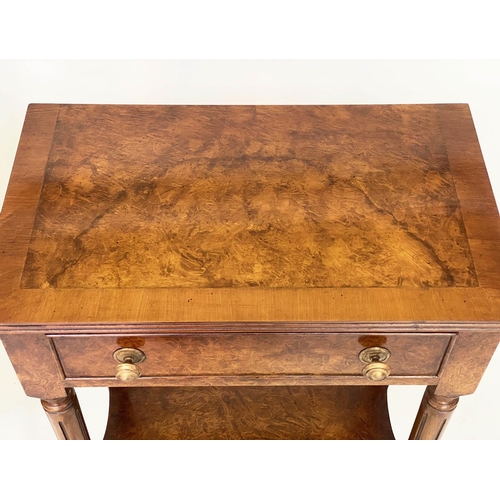 85 - LAMP TABLES, a pair, George III design burr walnut and crossbanded each with drawer and undertier, 5... 