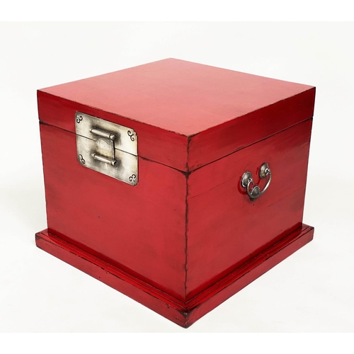 91 - TRUNK, early 20th century Chinese scarlet lacquer and silvered metal mounted with plinth and carryin... 