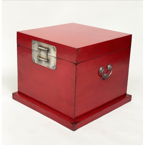 91 - TRUNK, early 20th century Chinese scarlet lacquer and silvered metal mounted with plinth and carryin... 