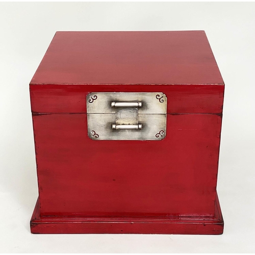 91 - TRUNK, early 20th century Chinese scarlet lacquer and silvered metal mounted with plinth and carryin... 