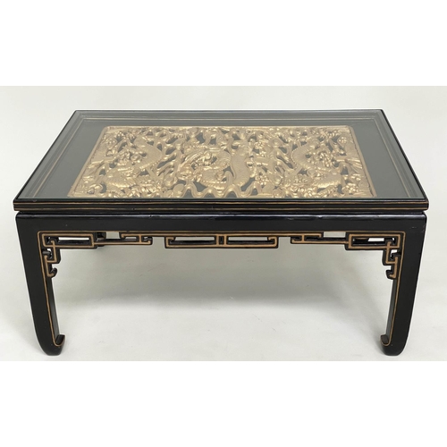 93 - LOW TABLE, Chinese lacquered and gilt, rectangular with carved dragon giltwood panel and glass, 64cm... 