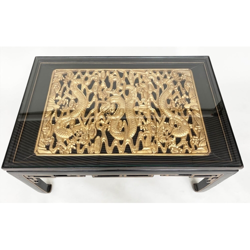 93 - LOW TABLE, Chinese lacquered and gilt, rectangular with carved dragon giltwood panel and glass, 64cm... 