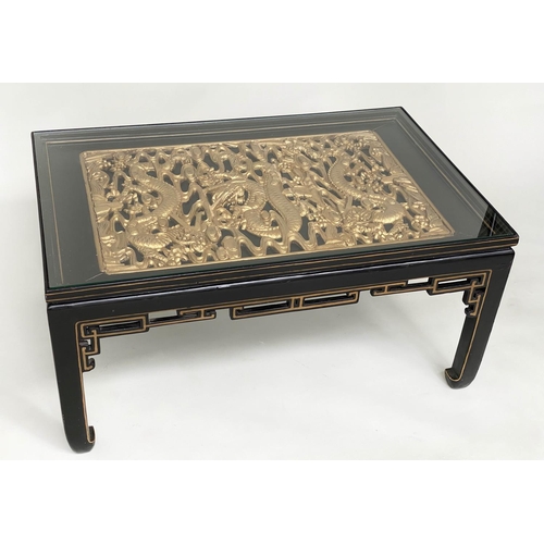 93 - LOW TABLE, Chinese lacquered and gilt, rectangular with carved dragon giltwood panel and glass, 64cm... 