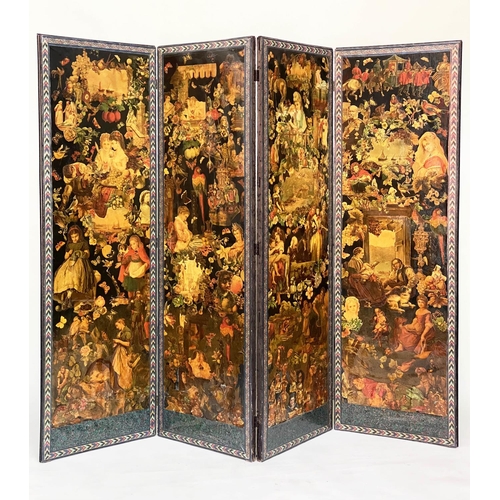97 - SCREEN, 19th century Dutch four fold rectangular, with oil on panel rustic scenes and decoupage reve... 