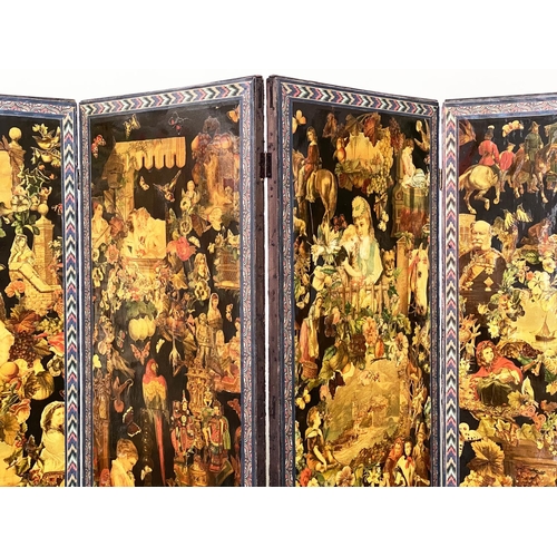 97 - SCREEN, 19th century Dutch four fold rectangular, with oil on panel rustic scenes and decoupage reve... 