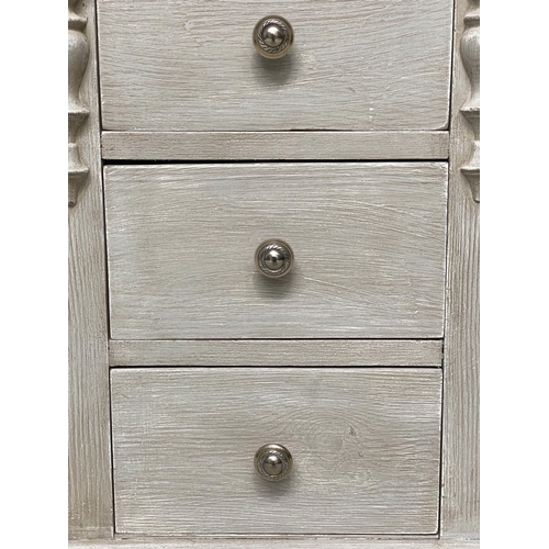 98 - BEDSIDE CHESTS, a pair, French traditionally grey painted each silvered metal mounted with three dra... 