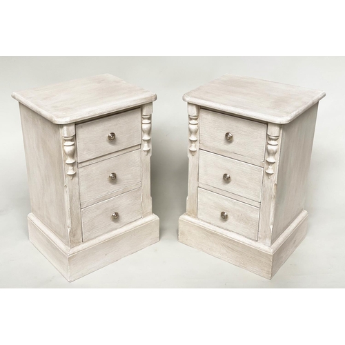 98 - BEDSIDE CHESTS, a pair, French traditionally grey painted each silvered metal mounted with three dra... 