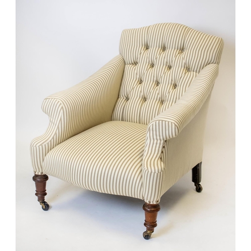 136 - ARMCHAIR, 90cm H x 79cm W, Victorian mahogany, circa 1870, in brown ticking on castors.