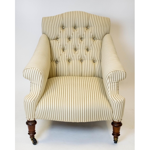 136 - ARMCHAIR, 90cm H x 79cm W, Victorian mahogany, circa 1870, in brown ticking on castors.